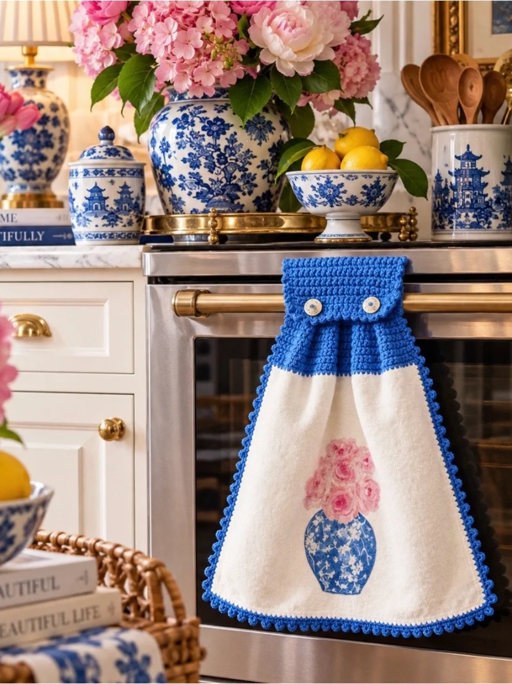 Handmade Crochet Hanging Kitchen Towel Chinoiserie Blue White Roses